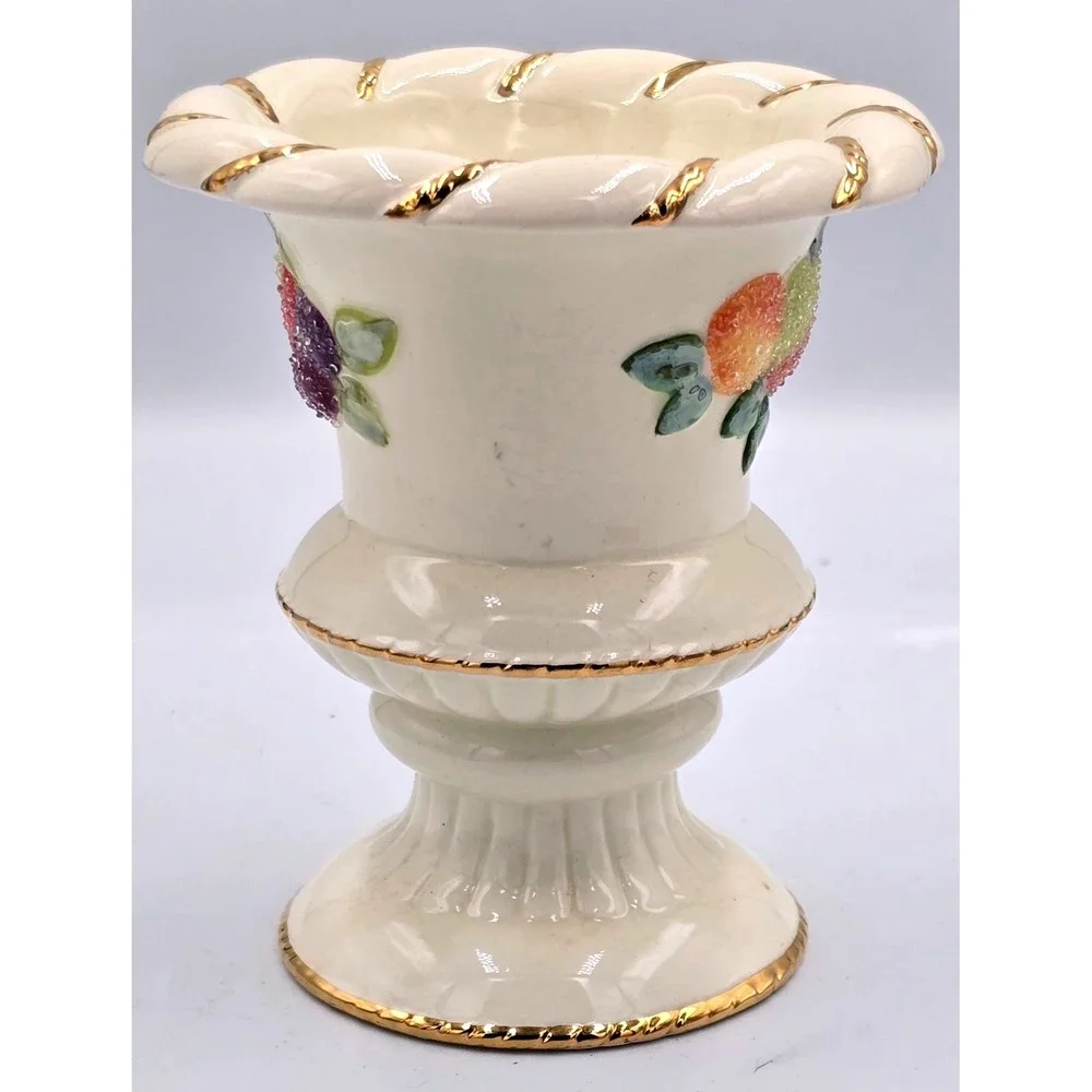 Vintage Sugared Fruit Ivory Ceramic Pedestal Candle Holder Gold Gilt Trim Single